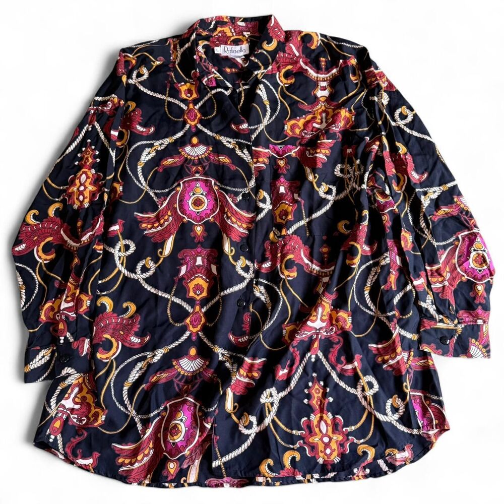 Vintage Rafaella Black Baroque Chain Print Blouse Shirt Women's Size L